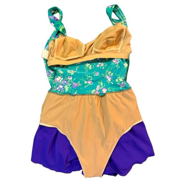 Sirena 80s Floral Skirted Swimsuit – Green & Purple Retro Swim Dress, Size 10 - Picture 4 of 6